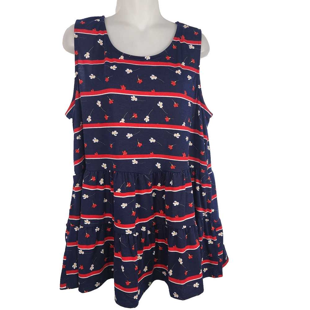 LuLaRoe Eliana Womens Tiered Top Sleeveless Floral Stripe Navy Red Swing L NWT